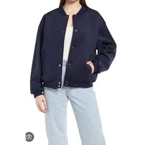 Open Edit Navy Blue Bomber Jacket Faux Leather Sleeve Snap Front Size S